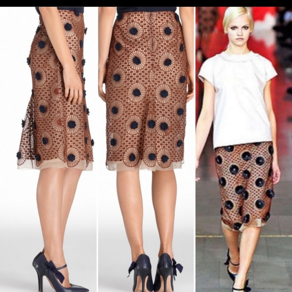 Tory Burch Brown Lace Pencil Skirt with Black Appliqués